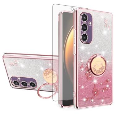 Imagem de Asuwish Capa de telefone para Samsung Galaxy S24 5G com protetor de tela de vidro temperado suporte de anel com glitter transparente híbrido à prova de choque TPU capa protetora S 24 24S G5 SM-S931U