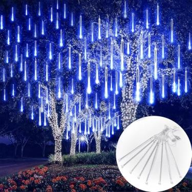 Imagem de Dexmary Luzes solares de chuva de meteoros, iluminação externa azul 144LED com 8 tubos, exibição solar pendurada à prova d'água para decoração de jardim, quintal, pátio, árvore