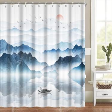 Imagem de Conjunto de cortina de chuveiro de montanha, pintura de tinta asiática, cortina de banheiro, abstrata, nascer do sol, barco pequeno no lago, natureza, paisagem, decoração de banheiro, lavável, tecido