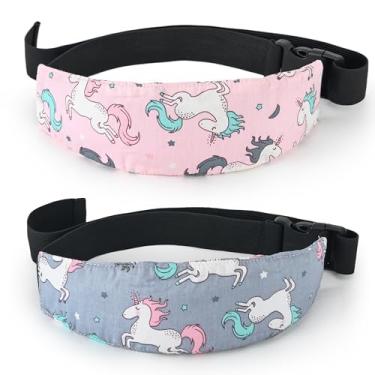 Imagem de Faixa de apoio de cabeça para assento de carro Fantasy Unicorn, rosa e cinza, algodão, pacote com 2, faixa de apoio de cabeça ajustável para carrinho de bebê, infantil a criança pequena