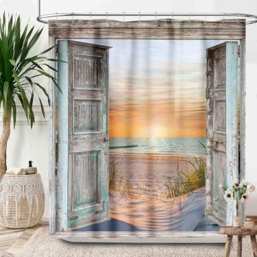 Imagem de Lnepty Cortina de chuveiro litorânea de praia, oceano, nascer do sol, litoral, paisagem marítima, náutica, praia, cortina de banheiro à prova d'água, com ganchos, 182 x 182 cm