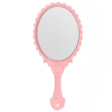 Imagem de Espelho de Mao, Espelho de Mão Princesa Portátil com 2 Lados E Zoom para Maquiagem Skincare E Cílios Vintage(Espelho Rosa 1 Lado)