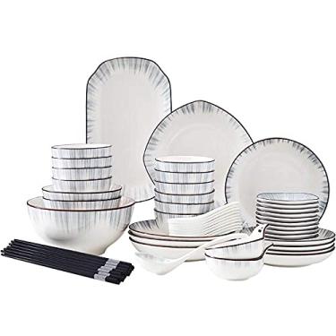 Imagem de Conjunto de 60 peças de louça de porcelana – conjuntos de pratos e tigelas, conjunto de pratos de cerâmica para 12 pessoas, série de pratos de jantar de cerâmica viajando pelo tempo e espaço