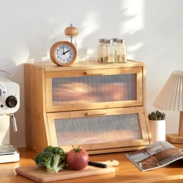 Imagem de GHWIE Caixa de pão de bambu de camada dupla para bancada de cozinha, caixa de armazenamento de pão de grande capacidade, recipiente para pão com painel de porta ondulado de acrílico (verde claro