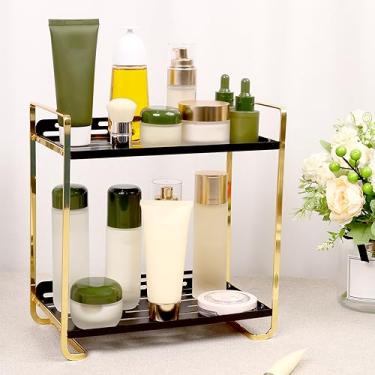 Imagem de Organizador de maquiagem organizador de 2 níveis de prateleira de maquiagem rack de armazenamento de cosméticos de grande capacidade elegante organizador de cosméticos de metal e armazenamento à prova de ferrugem fácil de instalar para cômoda de bancada