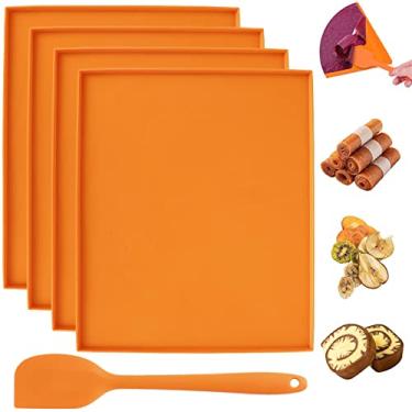 Imagem de 4 peças de tapetes desidratadores de silicone antiaderentes com raspador de silicone com bordas levantadas à prova de folhas para cozinha, legumes, frutas, carne, frango (laranja)