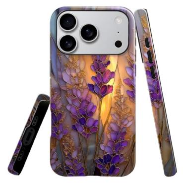 Imagem de heindiy Compatível com iPhone 17 Pro, capa brilhante, proteção total, à prova de choque, anti-arranhões, capa de TPU, capas para homem, mulher, vitral, lavanda em flor