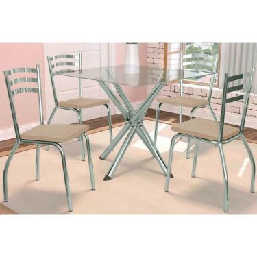 Imagem de Kit 4 Cadeiras Sala Jantar Volga C- Tampo De Vidro 90cm E 4 Cadeiras Portugal Cromada - Courano Bege - Kappesberg