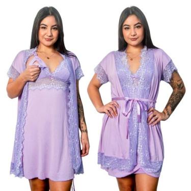 Imagem de Conjunto Robe e Camisola Amamentação Gestante Bicolor Pós Parto Luxuos