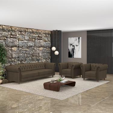 Imagem de Conjunto Sala de Estar 1 Sofá Living 200cm e 2 Poltronas Stanford Chesterfield Pés Madeira Couro Capuccino G58 - Gran Belo