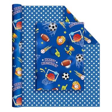 Imagem de WERNNSAI Rolo de papel de embrulho de bola esportiva – 1 rolo de papel de embrulho de feliz aniversário de 43 cm x 10 m para crianças, meninos, azul, esportivo, com design de basquete, para