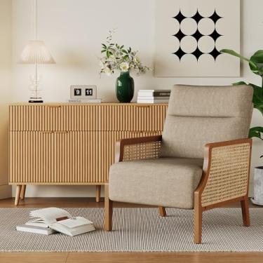 Imagem de Aklaus Cadeira de destaque de meados do século com apoio de braço de vime, cadeiras estofadas de sala de estar, cadeiras de leitura de tecido, cadeira de fazenda lateral para sala de estar, quarto