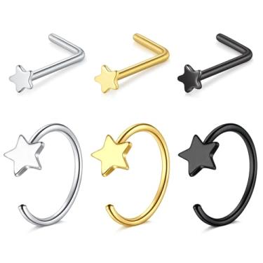 Imagem de TOKRING Piercing de nariz de estrela para mulheres 20G piercing de nariz joias de aço inoxidável hipoalergênico piercing de narina 6 peças