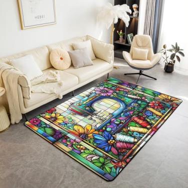 Imagem de Tapete de área infantil para máquina de costura, tapete de entrada vintage feito à mão para meninas e meninos, tapete antiderrapante geométrico de flores de margaridas, decoração colorida e brilhante