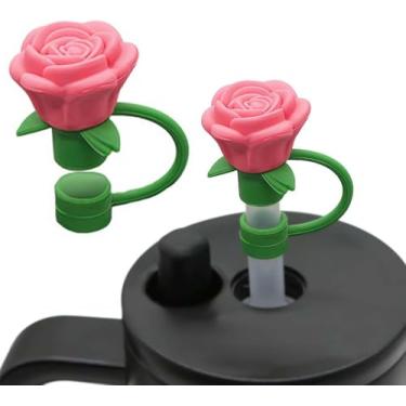 Imagem de Capas de palha de flor rosa de 10 mm para copo Stanley, cobertura de palha de flor, capa de canudo de silicone à prova de poeira, pontas de canudo de flor, tampa de poeira para acessórios de 30 e