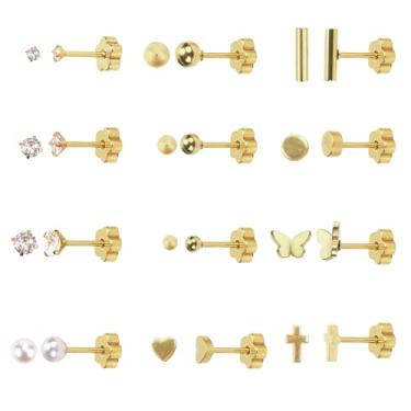 Imagem de 12 pares de brincos de pino de costas planas, brinco pequeno de ouro pequeno, flor hipoalergênica, zircônia cúbica, ponto cruzado, coração, parafuso de aço inoxidável, cartilagem, acessórios de