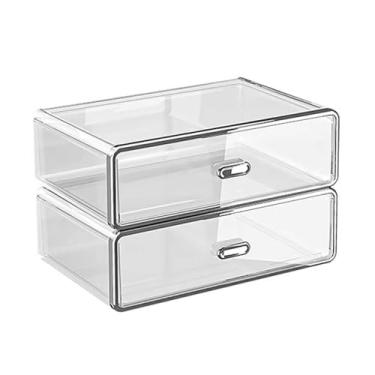 Imagem de Gavetas de armazenamento empilháveis transparentes – Conjunto de 2 caixas organizadoras de penteadeira, cozinha, banheiro e armário | Organizador de gaveta de plástico para maquiagem, despensa
