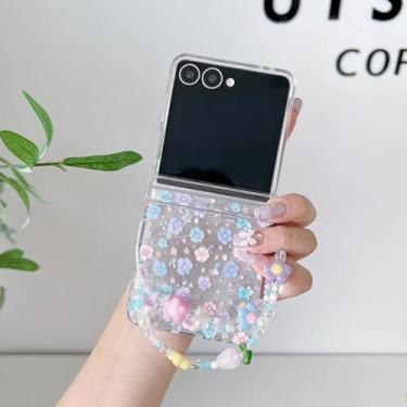 Imagem de Capa para Galaxy Z Flip6 transparente com estampa de flor fofa e laser, com dobradiça de corrente (para Galaxy Z Flip6/05)