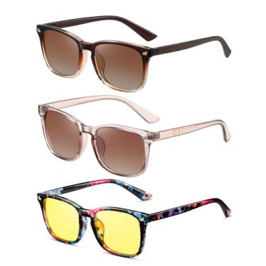 Imagem de (Pacote com 3) Óculos de sol para mulheres e homens, lentes polarizadas com proteção UV400, óculos de sol modernos e estilosos, Marrom gradiente + marrom transparente + visão noturna, M