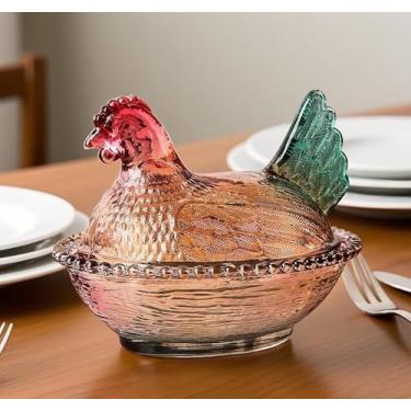 Imagem de WKHOKI Prato de doces de galinha de vidro no ninho com tampa | Pedestal grande tigela de doces exclusiva para lanches, sobremesas, biscoitos | Decoração de mesa de cozinha e escritório