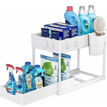 Imagem de Organizador Multiuso 2 Níveis com Bandeja Corrediça – Estrutura Metálica Reforçada Preto ou Branco | Ideal para Cozinha, Banheiro e Lavanderia (branco)