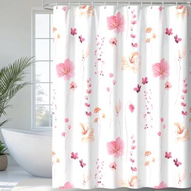 Imagem de QiyI Cortina de chuveiro floral aquarela, cortina de banheiro minimalista com estampa de flores, lavável na máquina, cortinas de chuveiro modernas de primavera, conjunto de cortina de chuveiro de