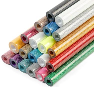Imagem de HTVRONT Pacote de vinil HTV Glitter – Pacote com 20 25,4 cm x 7,5 m Vinil de transferência de calor com glitter para camisetas, ferro de passar a ferro em rolo de vinil compatível com máquina de corte