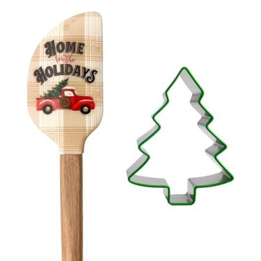 Imagem de Conjunto de espátula de silicone e cortador de biscoito de Natal – Resistente ao calor de 204 °C, cabo de bambu, aço inoxidável, utensílios de cozimento festivos para biscoitos de Natal, bolos e muito