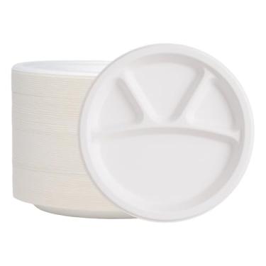 Imagem de Placas FPN com 4 compartimentos, 250 bandejas descartáveis – fibra de cana-de-açúcar, biodegradável e compostável, pratos de papel para refeições, bufê, almoço escolar, seguro para micro-ondas e