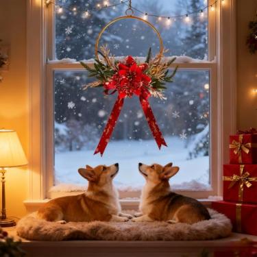 Imagem de Guirlandas de Natal para porta da frente, guirlandas florais artificiais para decoração de Natal em ambientes internos e externos, guirlanda de porta de metal com flores de poinsétias vermelhas e laço