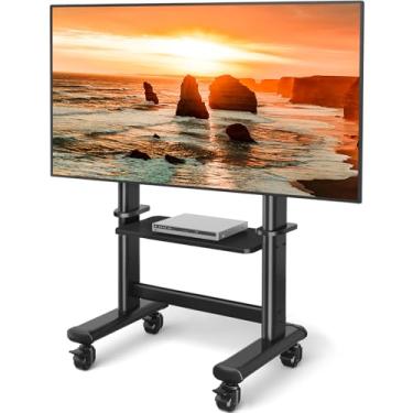 Imagem de Carrinho de TV móvel com rodas para telas planas curvas de LED LCD de 55 a 100 polegadas até 113 kg, máximo VESA800 x 600 mm, suporte de TV portátil resistente com base grande ajustável em altura do