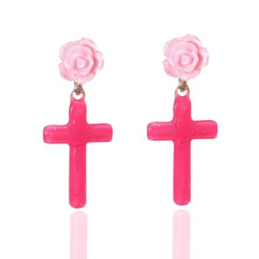 Imagem de Blue Drop Brincos de cruz, flores de resina, rosa, pingente de cruz de Halloween, joia de Páscoa, presente de Dia dos Namorados para mulheres, Zinco Resina, Sem pedra preciosa