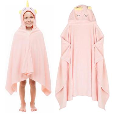 Imagem de Toalha absorvente com capuz para crianças, toalhas de banho para crianças grandes, toalhas de poncho de dinossauro de unicórnio de lã coral ultra macias com capuz idade 3-8 anos para bebês, meninas