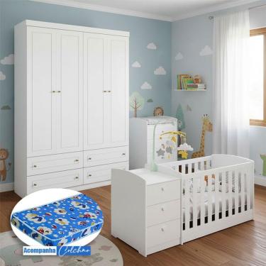 Imagem de Berço Multifuncional Atlanta E Guarda Roupa Americano 4 Portas Henn Ambiente Branco Fosco Com Colchão Ortobom - Reller