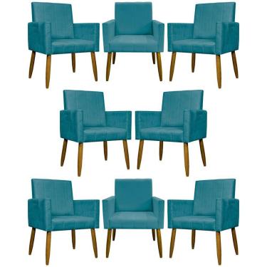 Imagem de Kit 8 Poltronas Decorativas Mari Pé Palito Castanho - Azul-turquesa Suede