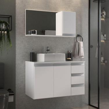Imagem de Conjunto Gabinete Banheiro Prisma 80cm Gabinete + Cuba + Espelheira Com Vidro Branco Inteiro