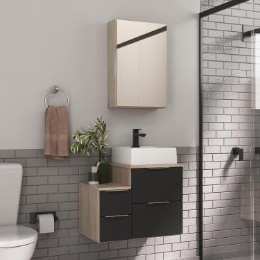 Imagem de Conjunto Gabinete Banheiro Nivus 60 (gabinete+espelheira+cuba) Madeirado Preto