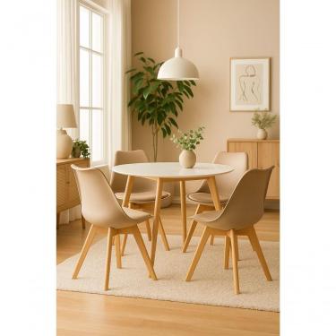 Imagem de Conjunto Mesa 80cm Branca Mdf Com 4 Cadeiras Estofadas Bege – Perfeita Para Ambientes Modernos
