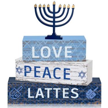 Imagem de Geelin 4 peças de decorações de Hanukkah para casa bloco de madeira de 3 camadas com Dreidel Estrela de Davi Menorá Hanukkah decoração azul e branco judaísmo chanucá judaico para festa de mesa de