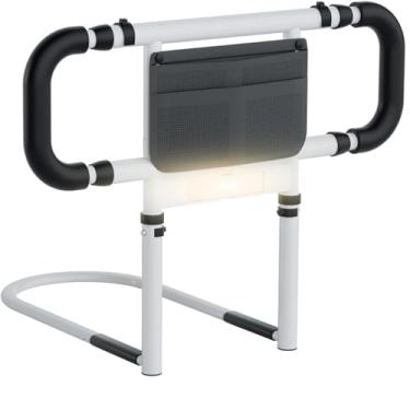Imagem de LIUQIBAX Trilhos de cama para segurança de adultos idosos: Produtos de assistência a idosos com alças duplas ajustáveis, bolso de armazenamento, luz com sensor de movimento, itens para trilho de cama
