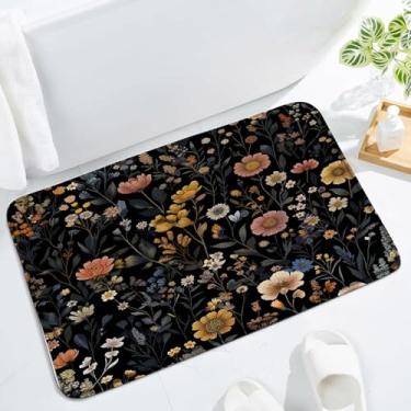Imagem de LAEDCIITI Boho Tapete de banho rústico floral preto vintage laranja rosa folhas florais gótico bonito aquarela flores plantas flores silvestres natureza tapete de banho, tapete absorvente para quarto