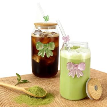 Imagem de HILOLOA Copo de vidro com laço 3D com tampa de bambu e canudo, copo matcha de 473 ml, copo de laço rosa, copos de vidro fofos para café/vitaminas, presente de vidro feminino de aniversário e Natal com