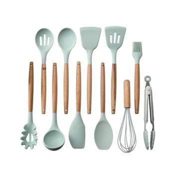 Imagem de Kit de Utensílios de Cozinha com 12 Peças, Colher, Espátula, Fuê e Pincel, Cabo em Madeira, Verde Menta