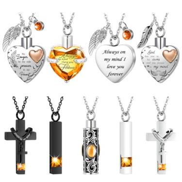 Imagem de 9 unidades de colar de urna cúbica com cruz de coração para cinzas, joia de cremação, colar de aço inoxidável, pingente memorial de cristal, medalhão de coração, joias de cinzas para mulheres e homens