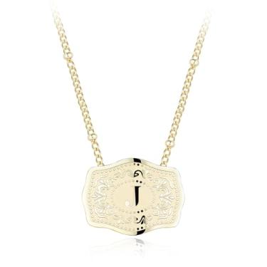 Imagem de Colar com pingente de letra inicial banhado a ouro 14K com fivela de cinto em relevo, compre 1 e ganhe 2 correntes, colar personalizado para homens e mulheres, 18 inches +2 inches extender, Liga de