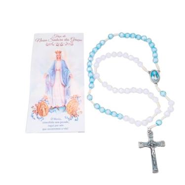 Imagem de Terço Nossa Senhora das Graças, Contas de Cristal 8mm, Metal Prata Velha, 40cm, com Folheto de Oração 14x7cm