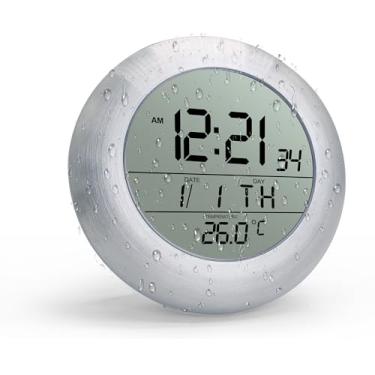 Imagem de BXF SPORTS Relógio de chuveiro de banheiro à prova d'água, relógio digital extra grande com tela LCD para chuveiro, à prova de umidade, antirespingos, temperatura de exibição, hora, data e dia da