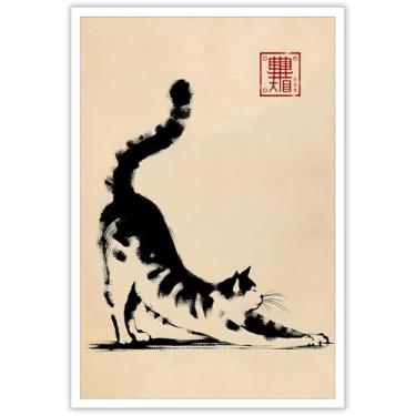 Imagem de Pôster vintage japonês engraçado gato preto bonito animal esticável arte de parede estilo asiático pintura de impressão de tinta tradicional para casa quarto dormitório decoração de parede 30,5 x 40,6