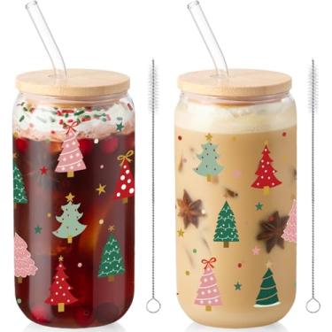 Imagem de Sliner 2 peças de copos de vidro para árvore de Natal, copo de inverno com tampa, copos de canudo de 473 ml, copo de café gelado com escova de limpeza, copo de lata de cerveja, presentes fofos para