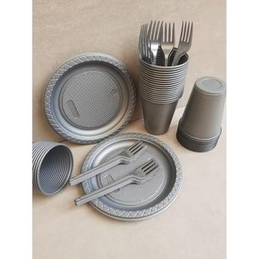 Imagem de Kit Descartável Econômico 150 Itens - Conjunto para Festas com Pratos, Copos e Garfos para Aniversário e Eventos(Prata 150 itens)